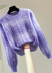 Modern Purple O-Neck Sequins Cotton Knit Sweater Winter