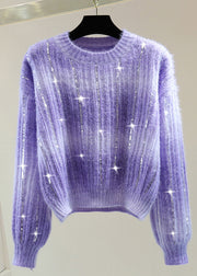 Modern Purple O-Neck Sequins Cotton Knit Sweater Winter