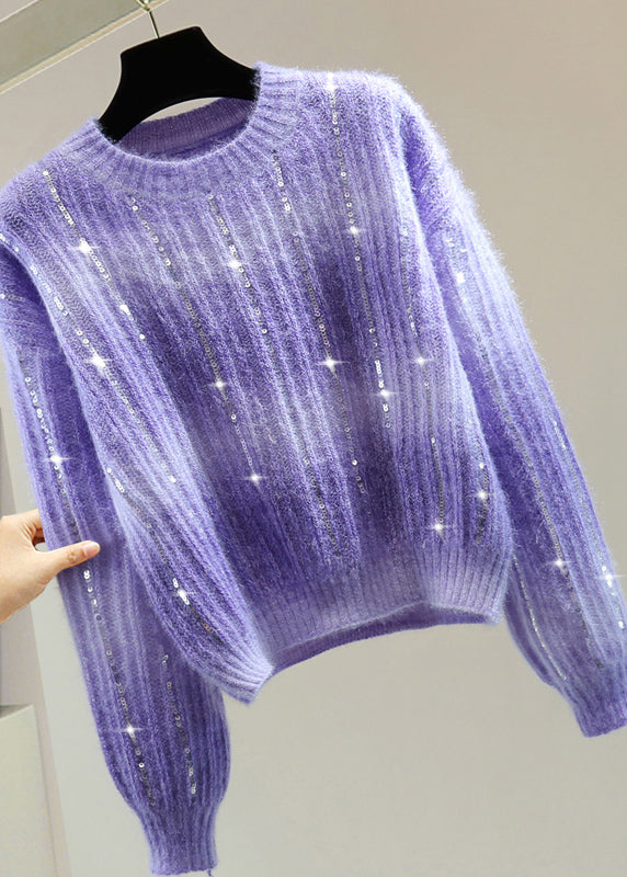 Modern Purple O-Neck Sequins Cotton Knit Sweater Winter