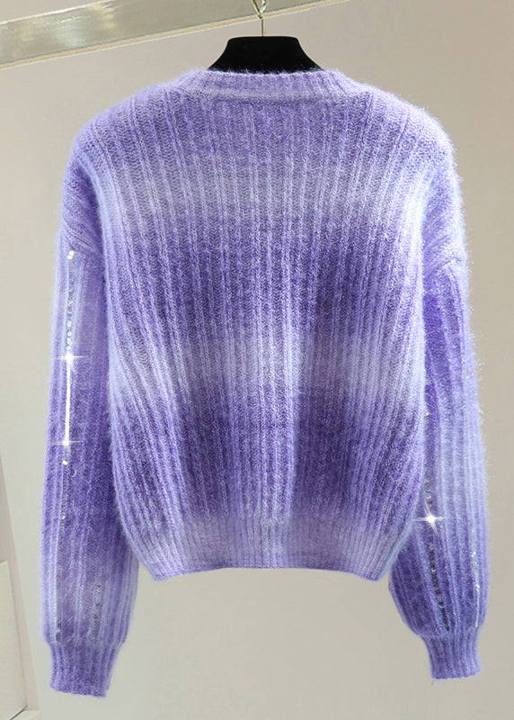 Modern Purple O-Neck Sequins Cotton Knit Sweater Winter