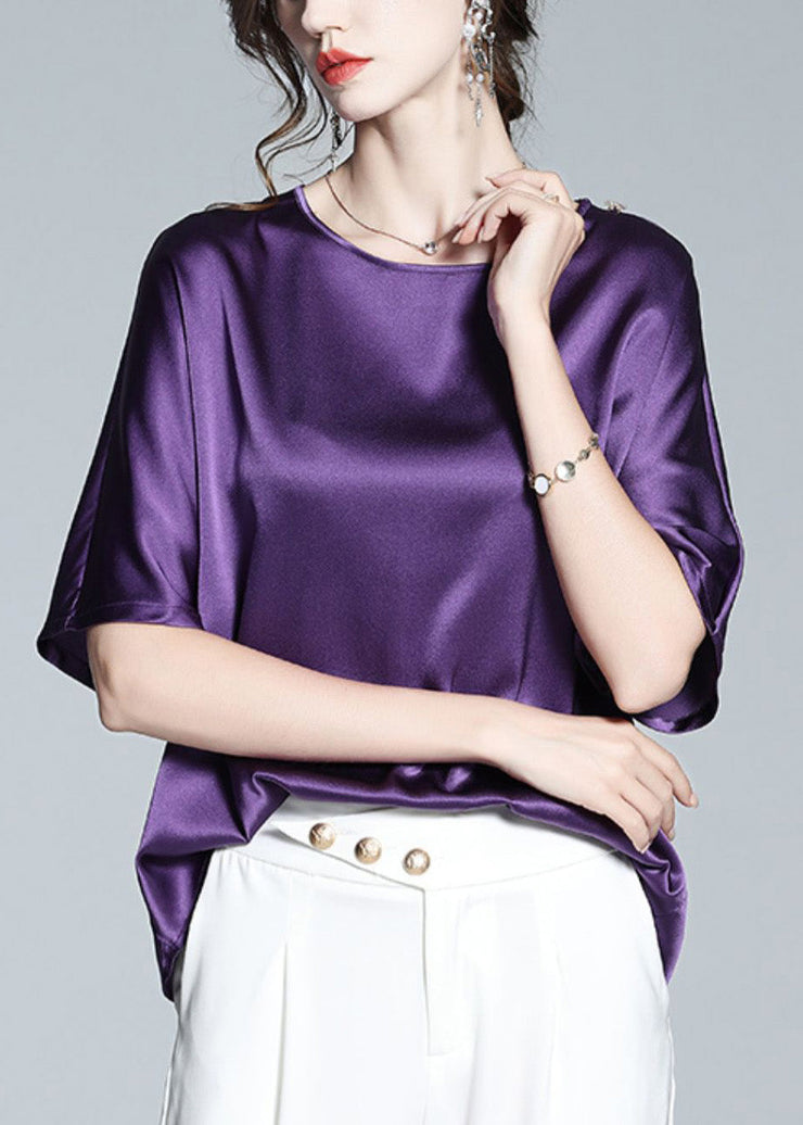 Modern Purple O-Neck Solid Silk Top Short Sleeve