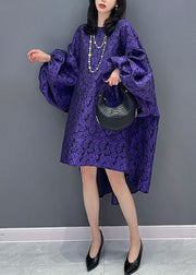 Modern Purple O Neck Wrinkled Patchwork Cotton Dress Lantern Sleeve