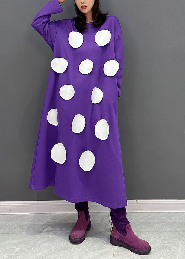 Modern Purple Oversized Dot Applique Cotton Pullover Sweatshirt Dresses Fall