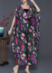 Modern Purple Oversized Print Chiffon Long Dresses Batwing Sleeve