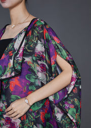 Modern Purple Oversized Print Chiffon Long Dresses Batwing Sleeve