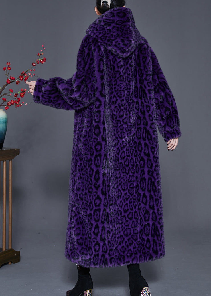 Modern Purple Oversized Print Faux Fur Coat Spring