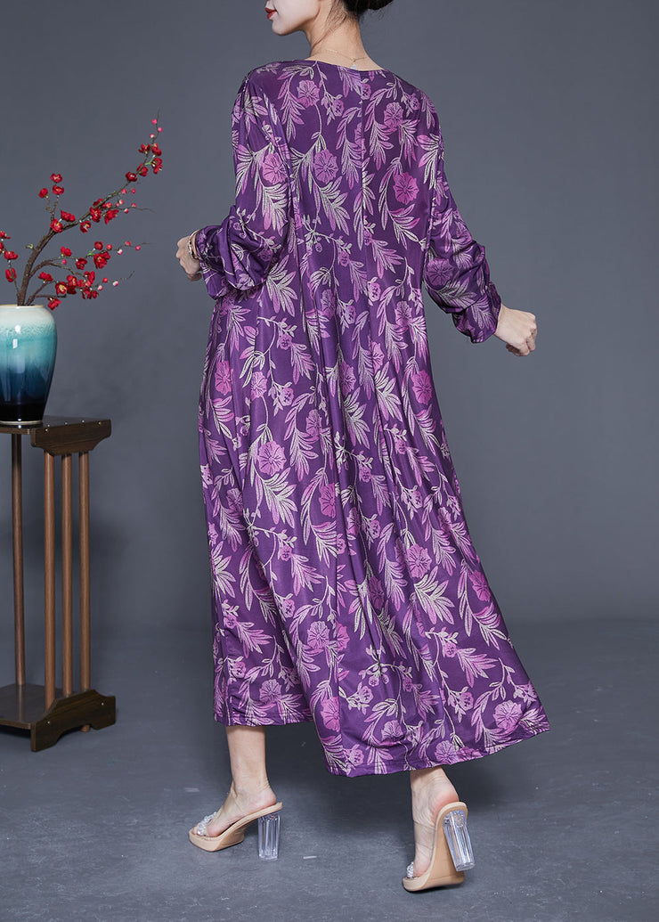 Modern Purple Oversized Print Silk Ankle Dress Spring