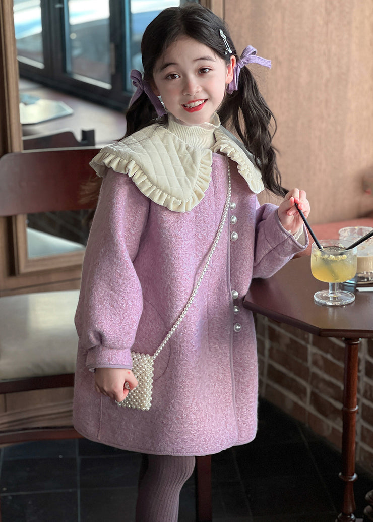 Modern Purple Peter Pan Collar Thick Woolen Kids Long Coat Winter