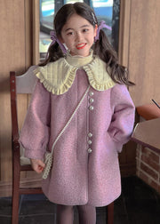 Modern Purple Peter Pan Collar Thick Woolen Kids Long Coat Winter