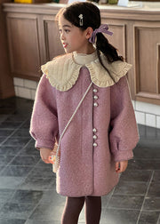 Modern Purple Peter Pan Collar Thick Woolen Kids Long Coat Winter