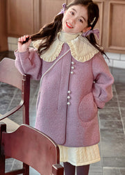 Modern Purple Peter Pan Collar Thick Woolen Kids Long Coat Winter