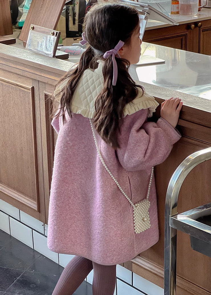 Modern Purple Peter Pan Collar Thick Woolen Kids Long Coat Spring