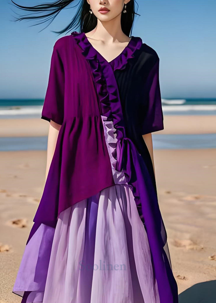 Modern Purple Ruffled Asymmetrical Patchwork Cotton Dresses Summer