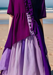 Modern Purple Ruffled Asymmetrical Patchwork Cotton Dresses Summer