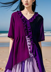 Modern Purple Ruffled Asymmetrical Patchwork Cotton Dresses Summer
