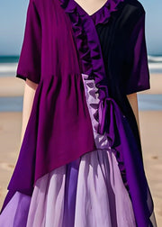 Modern Purple Ruffled Asymmetrical Patchwork Cotton Dresses Summer