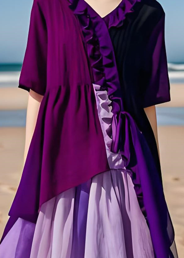 Modern Purple Ruffled Asymmetrical Patchwork Cotton Dresses Summer