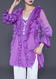 Modern Purple Ruffled Lace Up Chiffon Shirt Fall