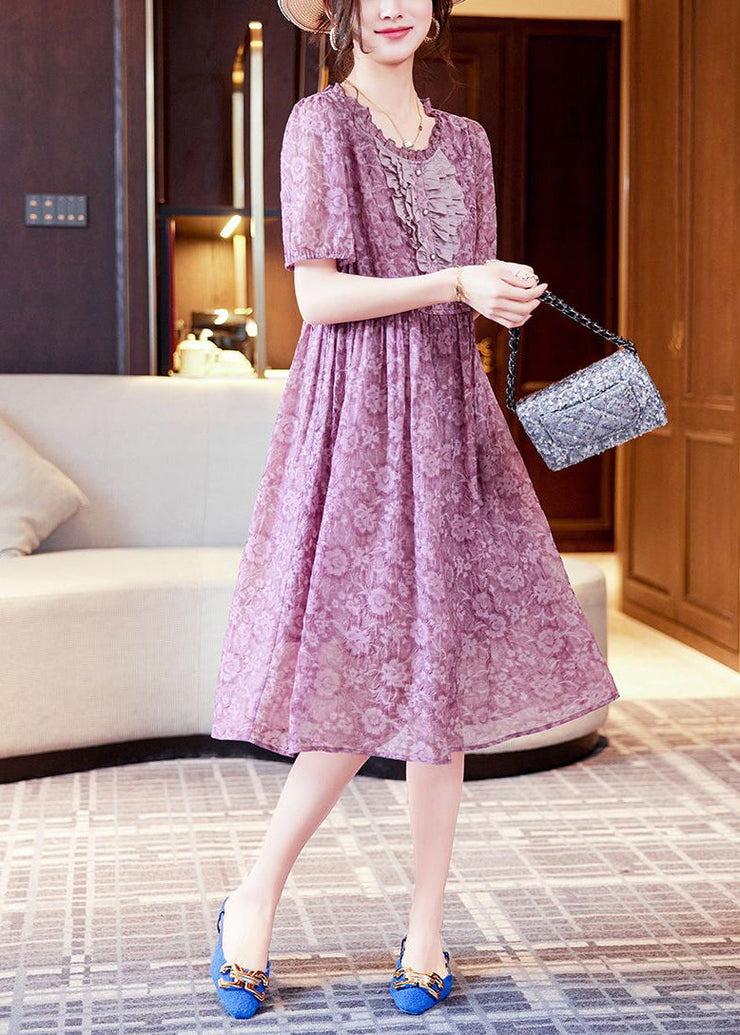 Modern Purple Ruffled Print Chiffon Holiday Dress Summer