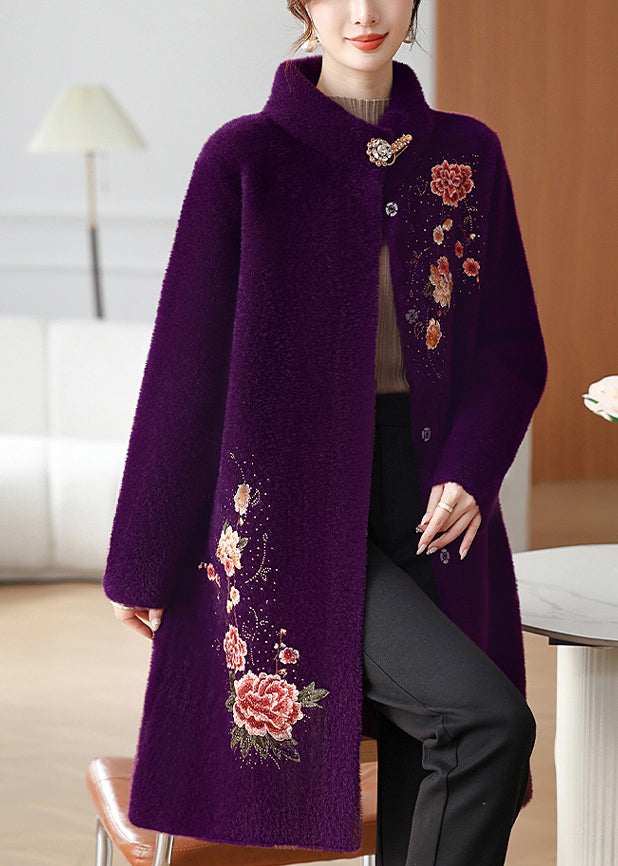 Modern Purple Stand Collar Long Mink Velvet Coats Spring