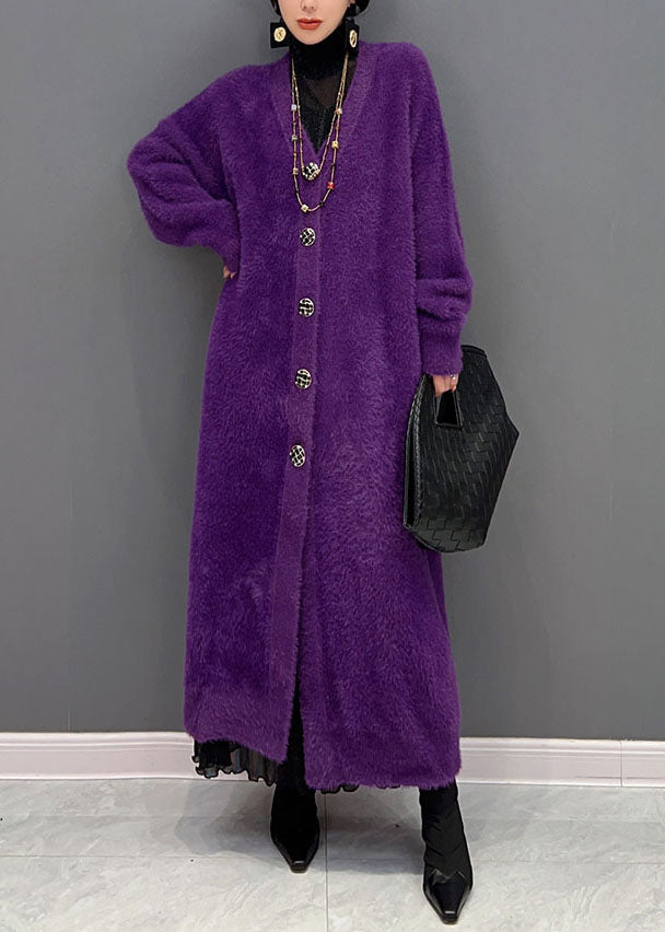 Modern Purple V Neck Oversized Thick Mink Hair Knitted Long Cardigan Winter