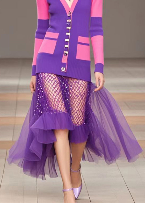 Modern Purple V Neck Patchwork Tulle Knitted Dress Fall