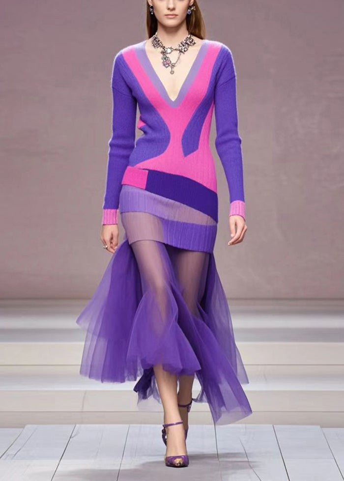 Modern Purple V Neck Patchwork Tulle Long Knit Dress Fall