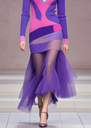 Modern Purple V Neck Patchwork Tulle Long Knit Dress Fall