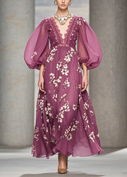 Modern Purple V Neck Print Chiffon Long Dress Puff Sleeve