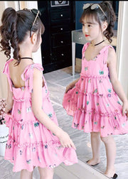 Modern Purple V Neck Print Ruffled Patchwork Kids Chiffon Slip Mid Dress Summer