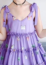 Modern Purple V Neck Print Ruffled Patchwork Kids Chiffon Slip Mid Dress Summer