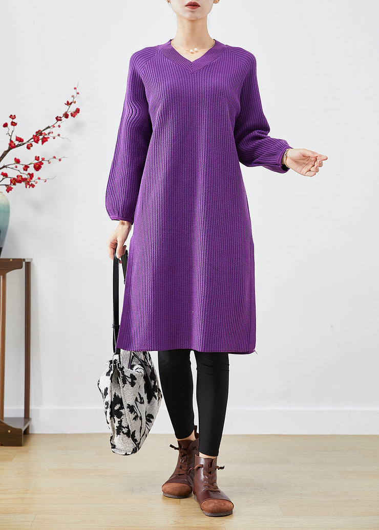 Modern Purple V Neck Side Open Knit Mid Dress Fall