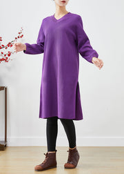 Modern Purple V Neck Side Open Knit Mid Dress Fall