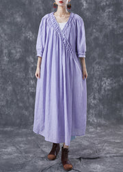 Modern Purple V Neck Wrinkled Cotton Holiday Dresses Summer