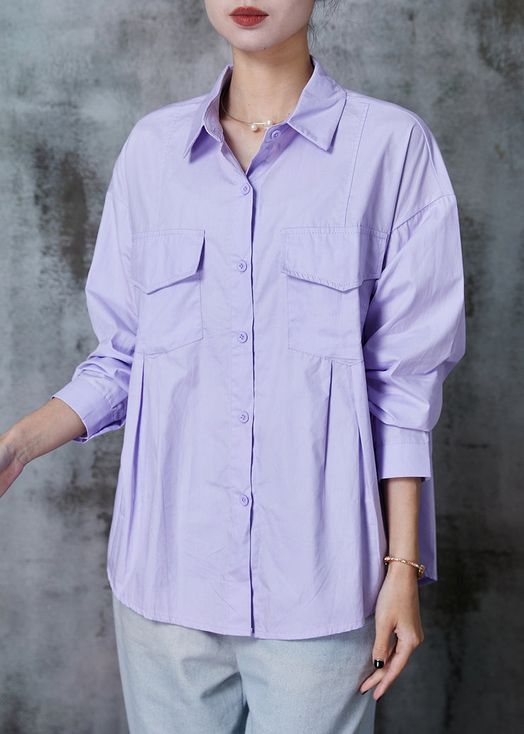 Modern Purple Wrinkled Pockets Cotton Blouse Tops Summer