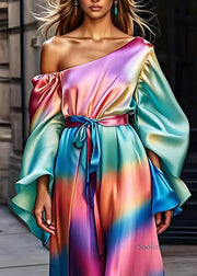 Modern Rainbow Asymmetrical Tie Waist Silk Maxi Dress Fall