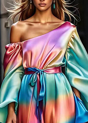 Modern Rainbow Asymmetrical Tie Waist Silk Maxi Dress Fall
