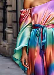 Modern Rainbow Asymmetrical Tie Waist Silk Maxi Dress Fall