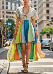 Modern Rainbow Striped Patchwork Low High Design Cotton Dress Summer