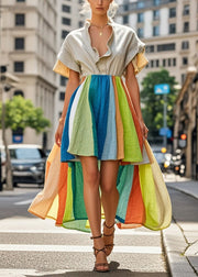 Modern Rainbow Striped Patchwork Low High Design Cotton Dress Summer