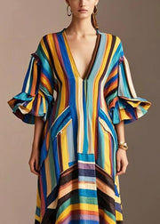 Modern Rainbow V Neck Striped Cotton Maxi Dresses Petal Sleeve