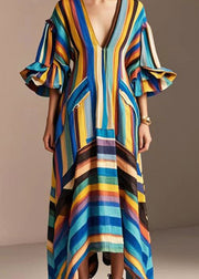 Modern Rainbow V Neck Striped Cotton Maxi Dresses Petal Sleeve