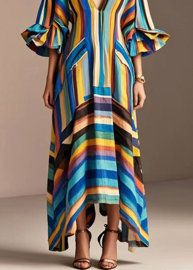 Modern Rainbow V Neck Striped Cotton Maxi Dresses Petal Sleeve