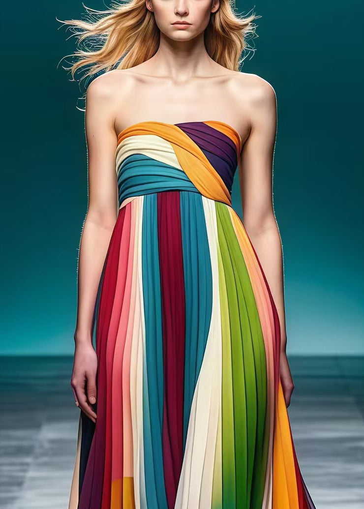 Modern Rainbow Wrinkled Silm Fit Chiffon Strapless Dress Summer