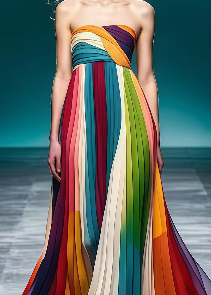 Modern Rainbow Wrinkled Silm Fit Chiffon Strapless Dress Summer