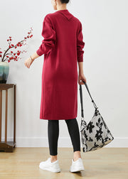 Modern Red Asymmetrical Side Open Knit Maxi Dress Fall