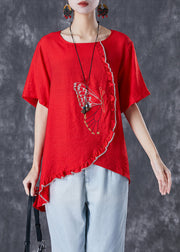 Modern Red Embroidered Butterfly Patchwork Ruffled Cotton Tops Summer