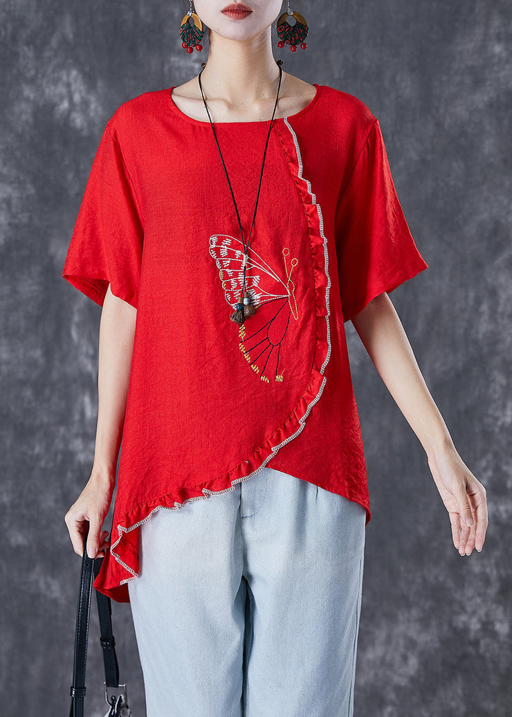 Modern Red Embroideried Butterfly Patchwork Ruffled Cotton Tops Summer