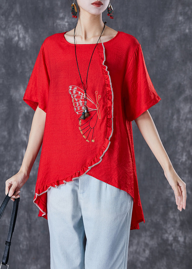 Modern Red Embroideried Butterfly Patchwork Ruffled Cotton Tops Summer