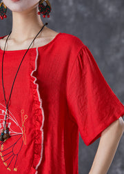 Modern Red Embroidered Butterfly Patchwork Ruffled Cotton Tops Summer